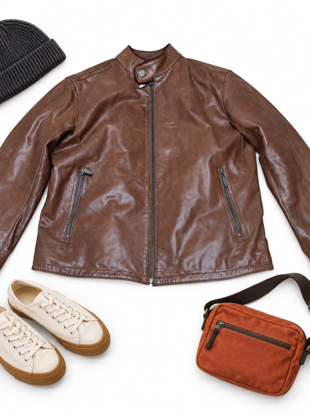 Murano Sport Leather Jacket Mens Large Brown Cafe Racer Zip Front Moto Coat Sz L